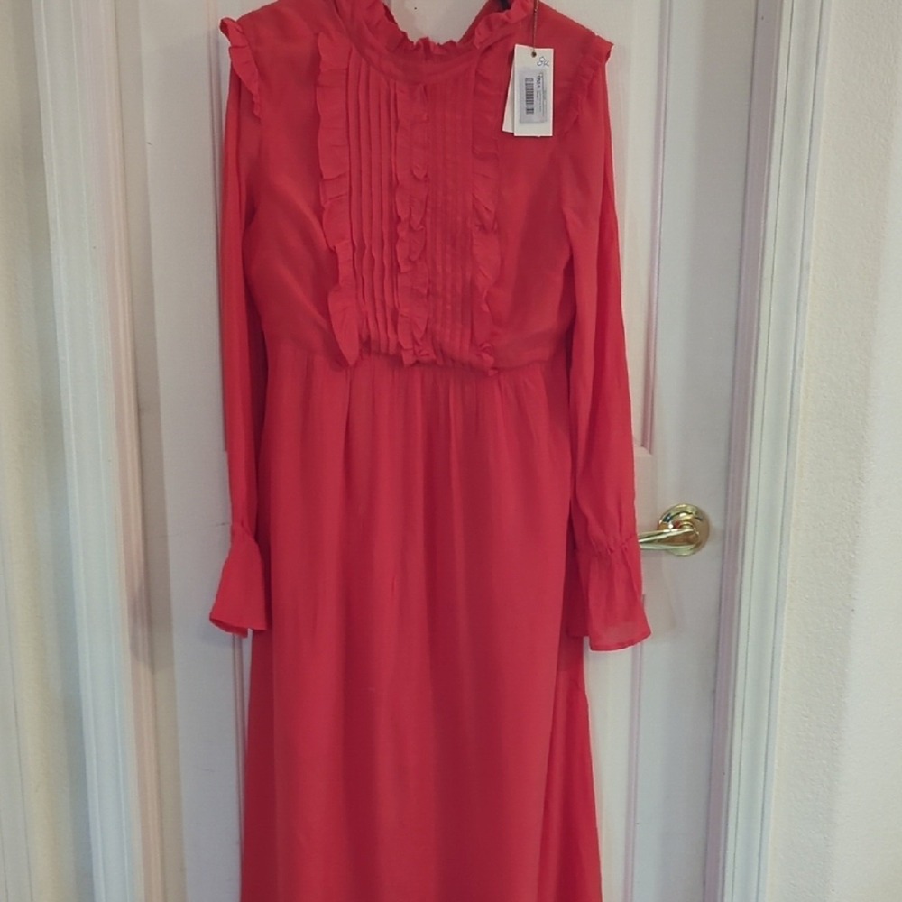 Emily Lovelock Coral Ruffle Midi Dress Pleated Front Long Sleeve Size 40 NWT